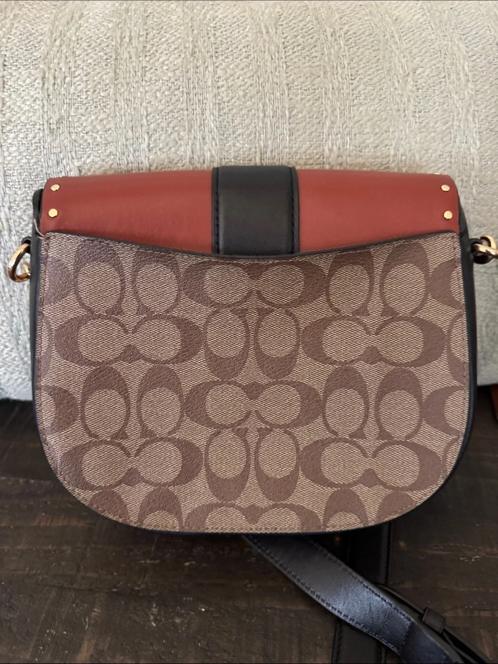 Coach Two-Tone Signature Saddle Crossbody — Rust Red, Black, and Tan